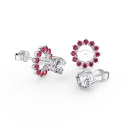 Fusion Moissanite Platinum plated Silver Stud Earrings Ruby Halo Jacket Set