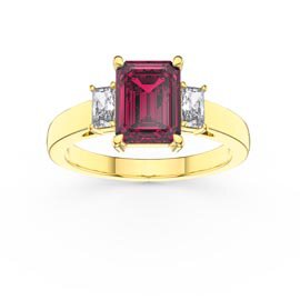 Princess 2ct Ruby Emerald Cut 18K Yellow Gold Moissanite Three Stone Engagement Ring