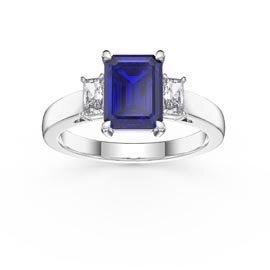 Princess 2ct Sapphire Emerald Cut 18K White Gold Diamond Three Stone Engagement Ring