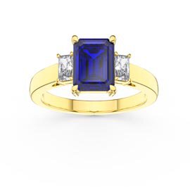 Princess 2ct Sapphire Emerald Cut 18K Yellow Gold Moissanite Three Stone Engagement Ring
