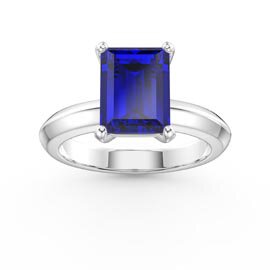 Unity 3ct Blue Sapphire Emerald Cut Solitaire 18K White Gold Engagement Ring