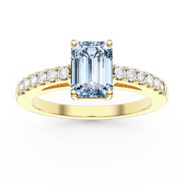 Unity 1ct Aquamarine Emerald Cut Diamond Pave 18K Yellow Gold Engagement Ring
