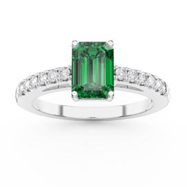 Unity 1ct Emerald Cut Emerald Diamond Pave 18K White Gold Engagement Ring