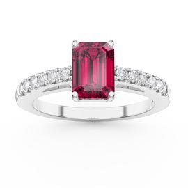 Unity 1ct Ruby Emerald Cut Diamond Pave 18K White Gold Engagement Ring