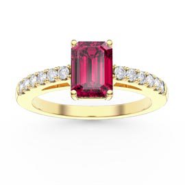 Unity 1ct Ruby Emerald Cut Diamond Pave 18K Yellow Gold Engagement Ring