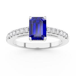 Unity 1ct Blue Sapphire Emerald cut Diamond Pave 18K White Gold Engagement Ring