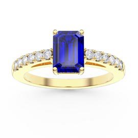 Unity 1ct Blue Sapphire Emerald cut Moissanite Pave 10K Yellow Gold Proposal Ring