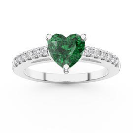Unity 1ct Heart Emerald Diamond Pave 18K White Gold Engagement Ring