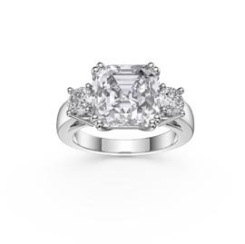 Princess 3ct Moissanite Asscher Cut 18K White Gold Three Stone Engagement Ring