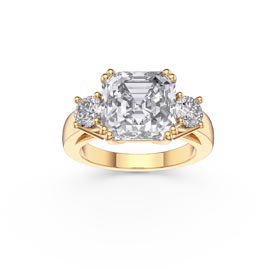 Princess 3ct Moissanite Asscher Cut 18K Yellow Gold Three Stone Engagement Ring