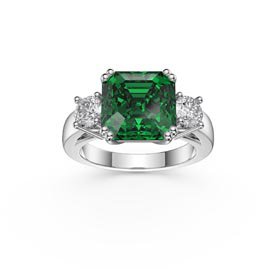Princess 3ct Emerald Asscher Cut 18K White Gold Three Stone Engagement Ring