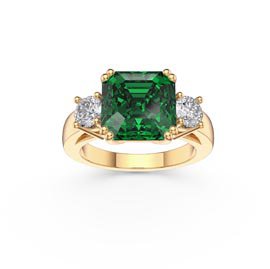 Princess 3ct Emerald Asscher Cut 18K Yellow Gold Three Stone Engagement Ring