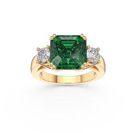 Princess 3ct Emerald Asscher Cut 10K Yellow Gold Three Stone Engagement Ring