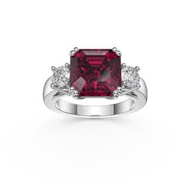 Princess 3ct Ruby Asscher Cut 18K White Gold Three Stone Engagement Ring
