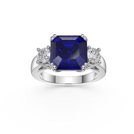 Princess 3ct Blue Sapphire Asscher Cut 18K White Gold Three Stone Engagement Ring