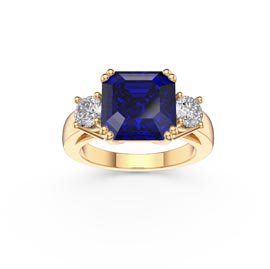Princess 3ct Blue Sapphire Asscher Cut 10K Yellow Gold Three Stone Engagement Ring