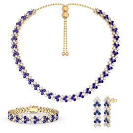 Three Row Blue and White Sapphire 18K Gold Vermeil Jewelry Set