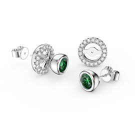 Infinity Emerald and Moissanite 18K White Gold Stud Earrings Halo Jacket Set