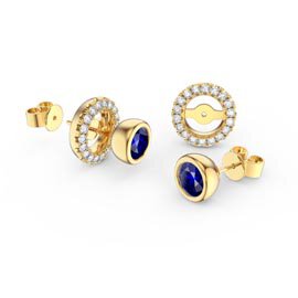 Infinity Sapphire and Moissanite 18K Yellow Gold Stud Earrings Halo Jacket Set