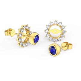 Infinity Sapphire 18K Yellow Gold Stud Diamond Starburst Earrings Halo Jacket Set