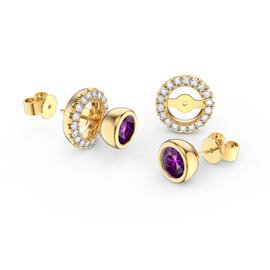 Infinity Amethyst and White Sapphire 10K Yellow Gold Stud Earrings Halo Jacket Set