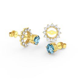Fusion 1ct Swiss Blue Topaz Lab Diamonds 18K Yellow Gold Stud Earrings Starburst Halo Jacket Set