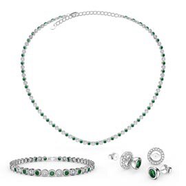 Infinity Emerald and Diamond CZ Rhodium plated Silver Jewelry Set