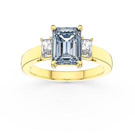 Princess 1.5ct Emerald Cut Aquamarine 10K Yellow Gold Moissanite Three Stone Engagement Ring