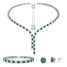 Eternity Asymmetric Drop Emerald CZ and Moissanite Platinum plated Silver Jewellery Set