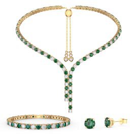Eternity Asymmetric Drop Emerald and Diamond CZ 18K Gold plated Silver Jewelry Set