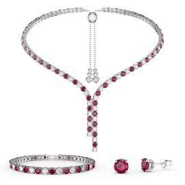 Eternity Asymmetric Drop Ruby and Diamond CZ Rhodium plated Silver Jewelry Set
