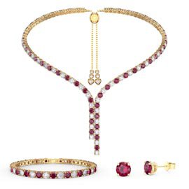 Eternity Asymmetric Drop Ruby and White Sapphire 18K Gold Vermeil Jewelry Set