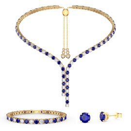Eternity Asymmetric Drop Sapphire and Diamond CZ 18K Gold plated Silver Jewelry Set