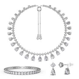 Princess Graduated Pear Drop Diamond CZ Rhodium plated Silver Choker Jewelry Set