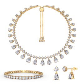 Princess Graduated Pear Drop Diamond CZ 18K Yellow Gold plated Silver Choker Jewelry Set