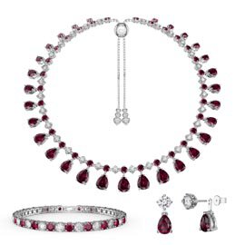 Princess Graduated Pear Drop Ruby Rhodium plated Silver Choker Jewelry Set