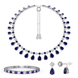 Princess Graduated Pear Drop Blue and White Sapphire Platinum plated Silver Choker Tennis Necklace Jewelry Set