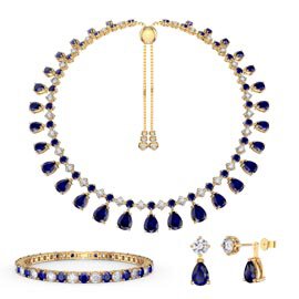 Princess Graduated Pear Drop Blue and White Sapphire 18K Gold Vermeil Choker Tennis Necklace Jewelry Set