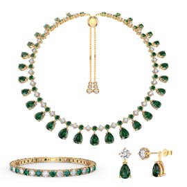 Princess Graduated Pear Drop Emerald 18K Gold Vermeil Silver Choker Tennis Necklace Jewelry Set