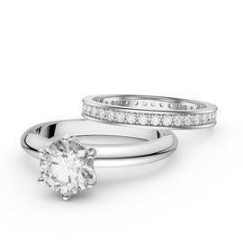 Unity 1ct White Sapphire Solitaire Platinum plated Silver Full Channel Eternity Promise Ring Set