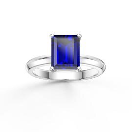 Unity 2ct Blue Sapphire Emerald Cut Solitaire Platinum plated Silver Promise Ring