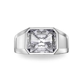 3ct Moissanite Emerald cut Platinum plated Silver Bezel Signet Ring