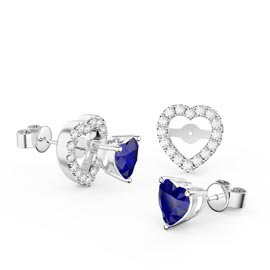 Charmisma Heart Blue Sapphire and Moissanite 18K White Gold Stud Earrings Halo Jacket Set