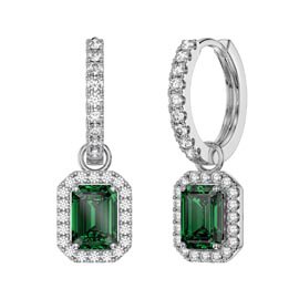 Princess 2ct Emerald Emerald Cut Halo Platinum plated Silver Interchangeable Hoop Drop Set