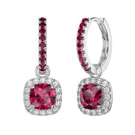 Princess 2ct  Ruby Cushion Cut Halo Platinum plated Silver Interchangeable Ruby Hoop Drop Set