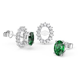 Eternity Oval Emerald Platinum Plated Silver Stud Earrings Halo Jacket Set