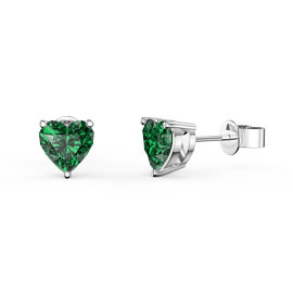 Simulated Emerald & Diamond Heart Stud Earrings 14Kt White Gold & Sterling Silver 