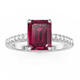 Princess 2ct Ruby Emerald Cut Moissanite Pave Platinum plated Silver Promise ring