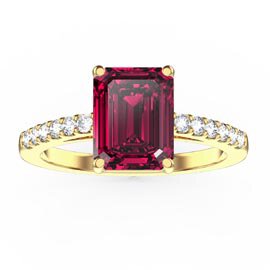 Princess 2ct Ruby Emerald Cut Diamond Pave 18K Yellow Gold Proposal ring