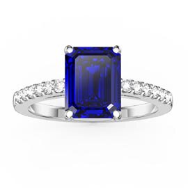Princess 2ct Sapphire Emerald Cut Diamond Pave 18K White Gold Proposal ring